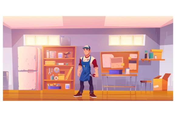 Download Repairman in Garage with Equipment for Carpentry and Repair Works - Car Collection